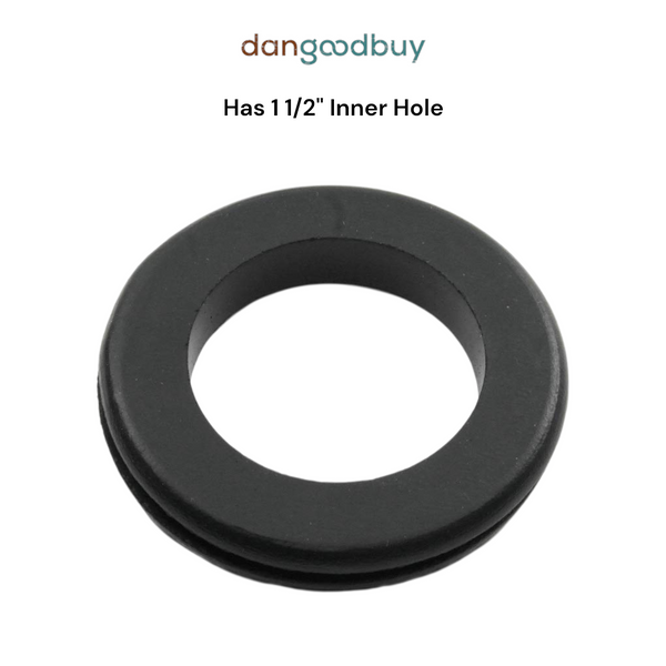 Black rubber grommet with 11/2" inner hole on a white background, branded 'dangoodbuy'. RGR1122
