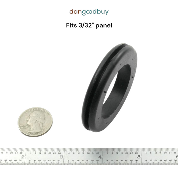 Black rubber grommet with a quarter and ruler for scale on a white background, branded 'dangoodbuy'. RGR1122