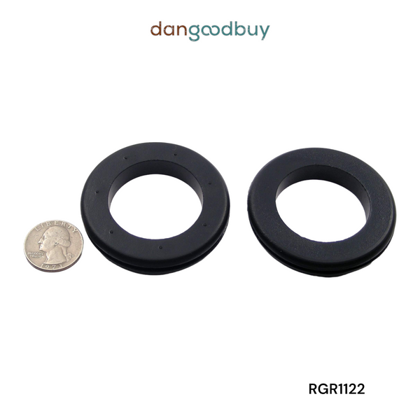 Two black rubber grommets with a coin for scale on a white background, branded 'dangoodbuy'. RGR1122