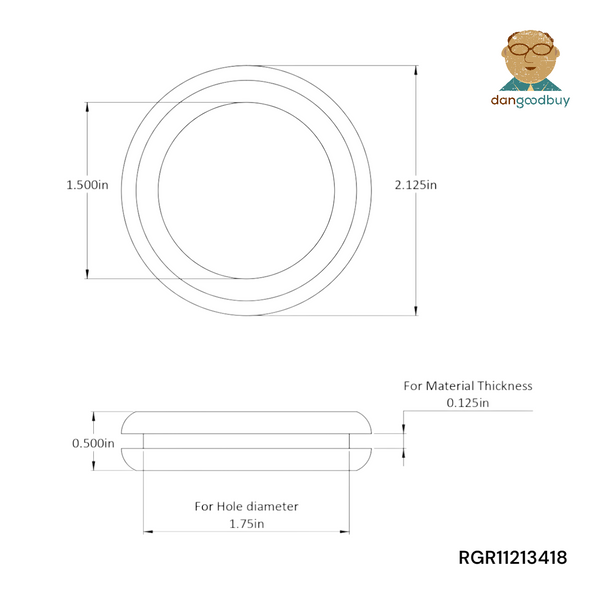 Technical drawing of a rubber grommet with dimensions and 'dangoodbuy' logo. RGR11213418