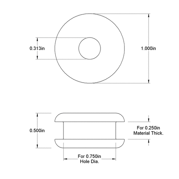 Fits 3/4" Hole - 1/4" Panel Thickness - 5/16" Center Hole - Rubber Grommet