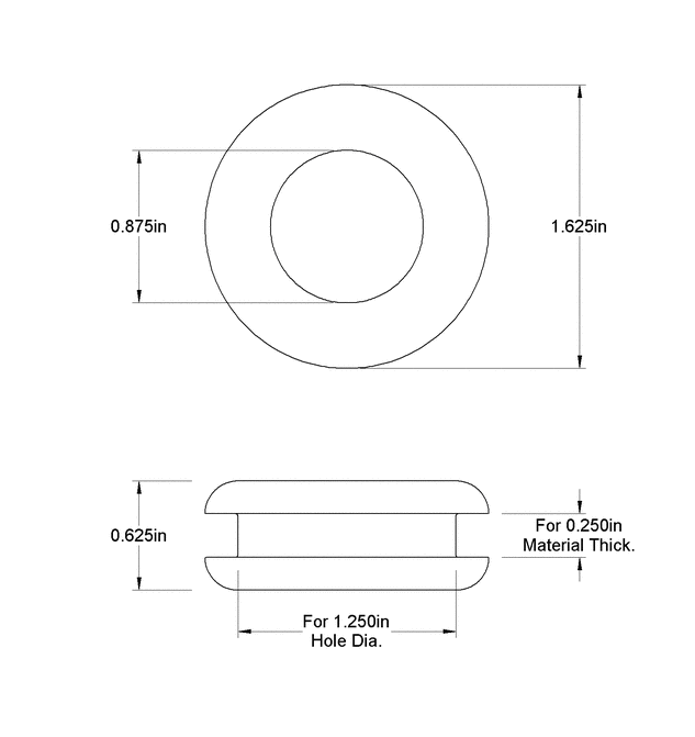 Fits 1 1/4" Hole - 1/4" Panel Thickness - 7/8" Center Hole - Rubber Grommet