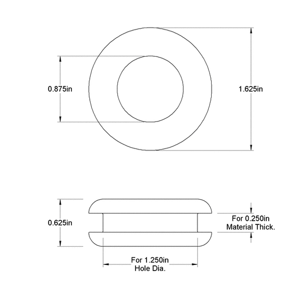 Fits 1 1/4" Hole - 1/4" Panel Thickness - 7/8" Center Hole - Rubber Grommet