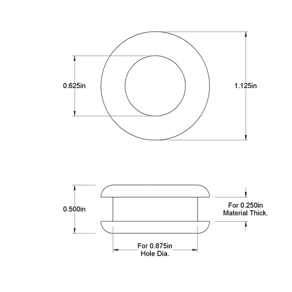 Fits 7/8" Hole - 1/4" Panel Thickness - 5/8" Center Hole - Rubber Grommet