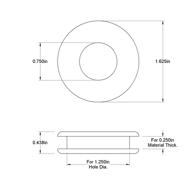 Fits 1 1/4" Hole - 1/4" Panel Thickness - 3/4" Center Hole - Rubber Grommet