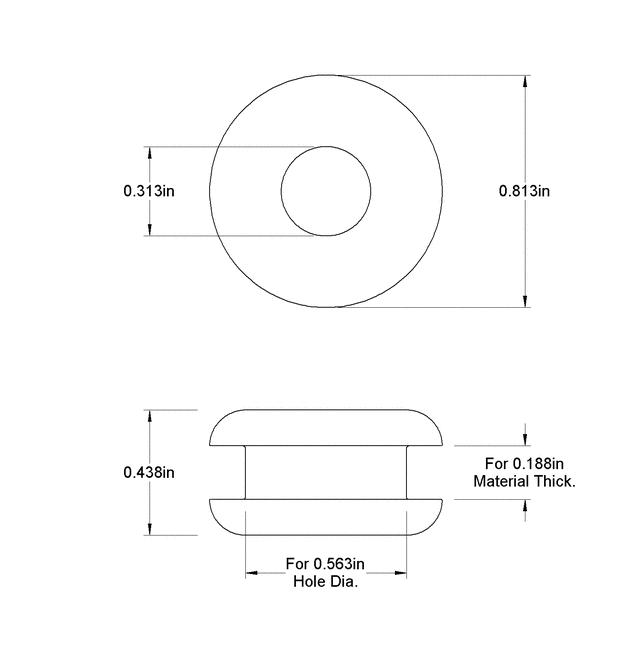 Fits 9/16" Hole - 3/16" Panel Thickness - 5/16" Center Hole - Rubber Grommet