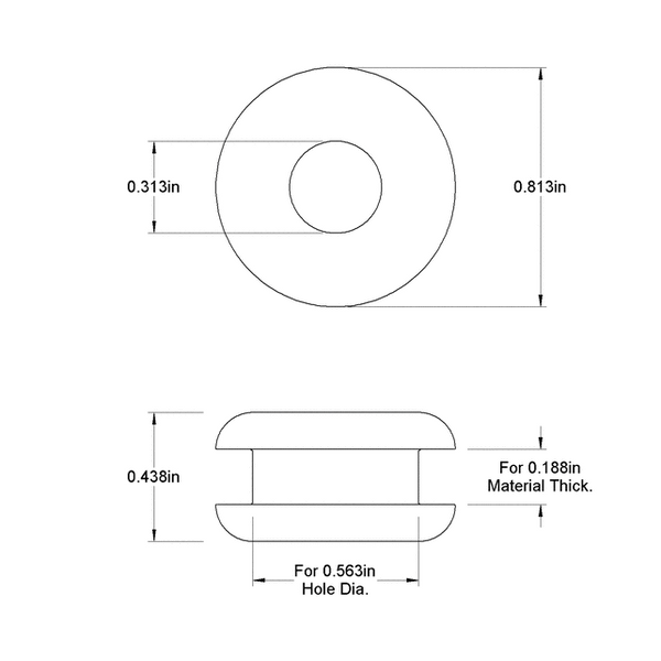Fits 9/16" Hole - 3/16" Panel Thickness - 5/16" Center Hole - Rubber Grommet