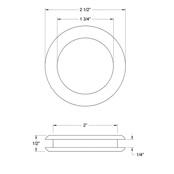Fits 2" Hole - 1/4" Panel Thickness - 1 3/4" Center Hole - Rubber Grommet
