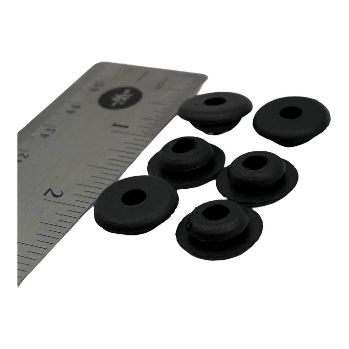 Fits 5/16" Hole - 1/16" Panel Thickness - 3/16" Center Hole - 5/8" Upper Outer Diameter - 7/16" Lower Outer Diameter - Overall Height 7/32" - Rubber Grommet