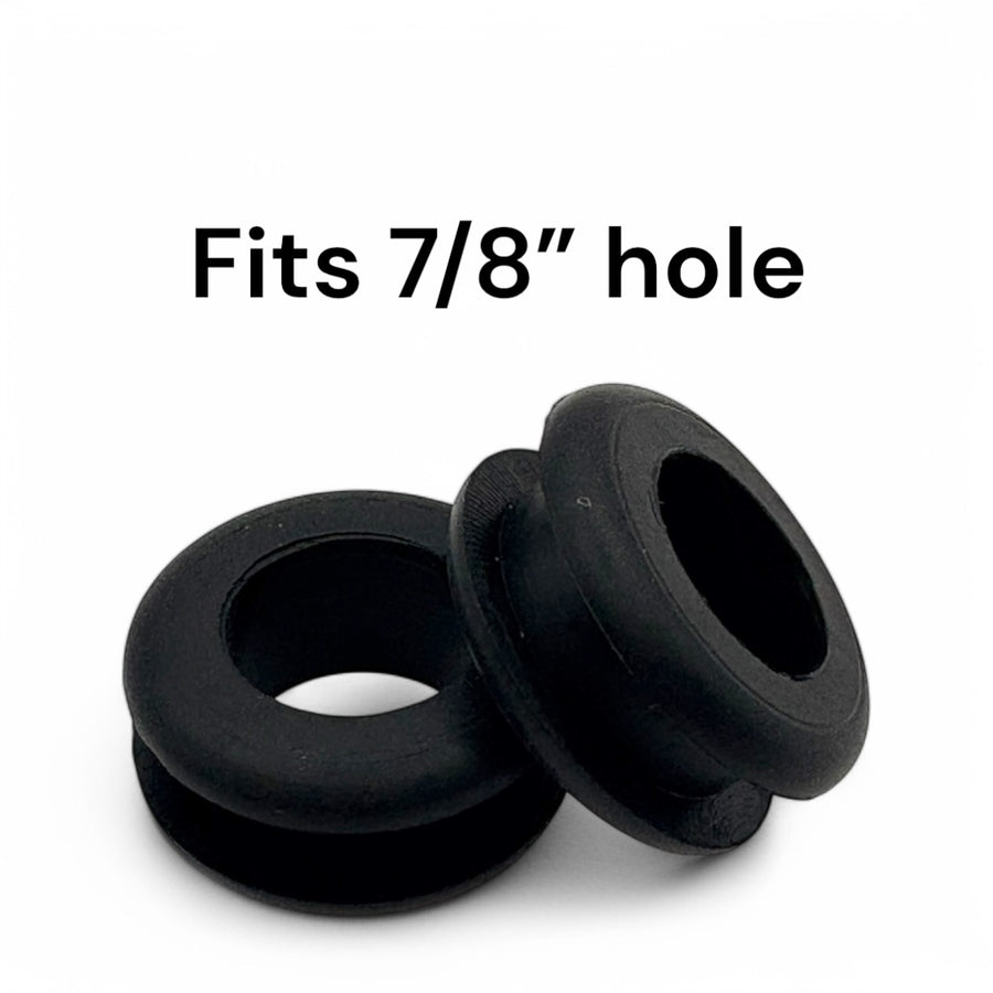 Two black rubber grommets with text indicating they fit a 7/8 inch hole on a white background. dangoodbuy RGR58784