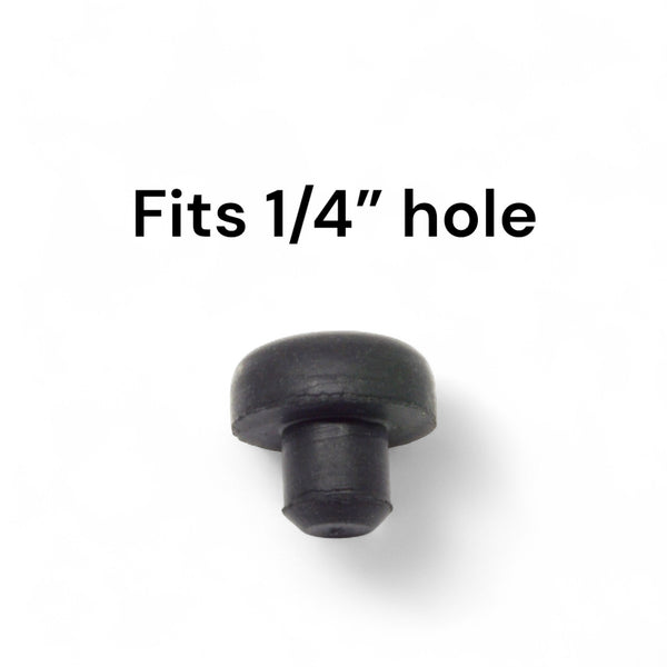 Fits 1/4" Hole - 1/2" Diameter - 1/4" Stem Height - 7/32" Bumper Height - Rounded Push-in Rubber Bumper