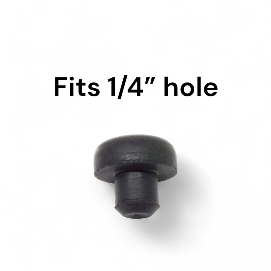 Fits 1/4" Hole - 1/2" Diameter - 1/4" Stem Height - 7/32" Bumper Height - Rounded Push-in Rubber Bumper