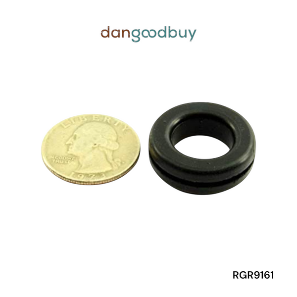Black rubber grommet next to a US Quarter on a white background with 'dangoodbuy' branding. RGR9161