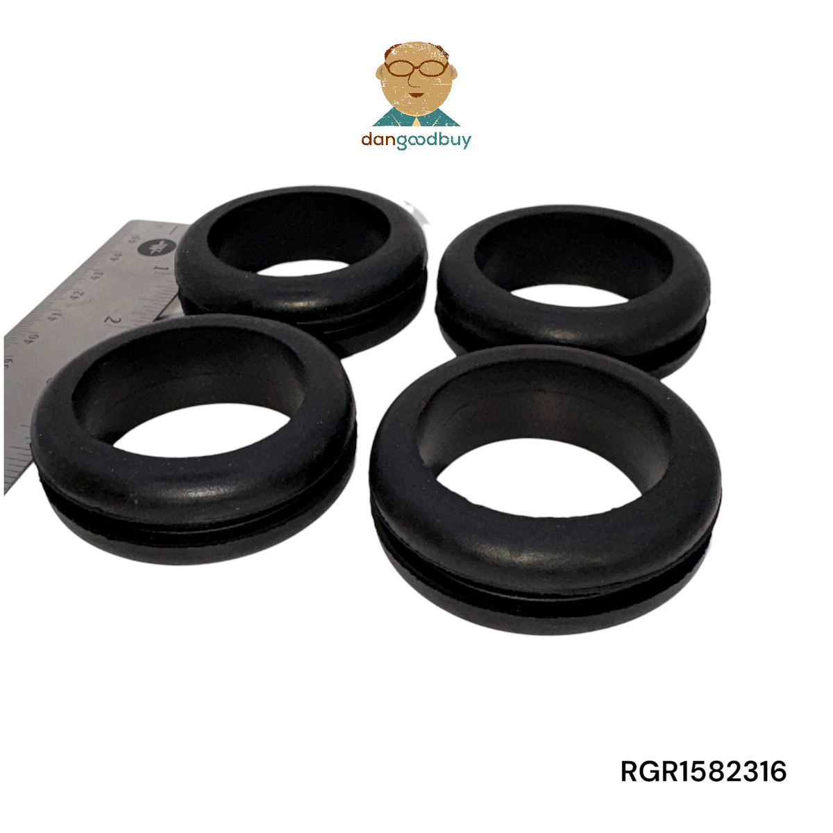 Four black rubber gaskets with a ruler for scale on a white background, featuring the brand 'dangoodbuy'. RGR1582316