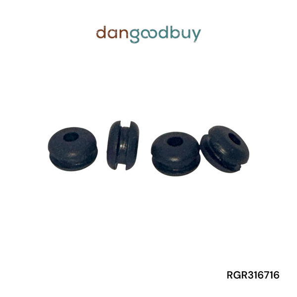 Four black rubber grommets on a white background with 'dangoodbuy'  branding. RGR316716