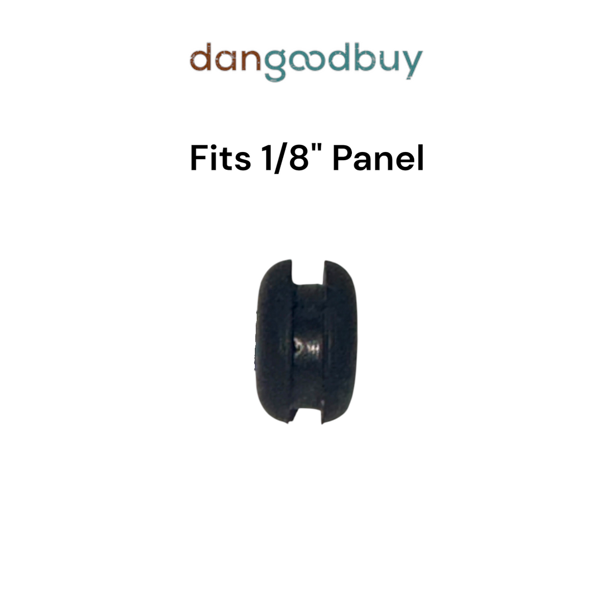Black rubber grommet with text indicating it fits a 1/8" panel on a white background. Dangoodbuy RGR316716