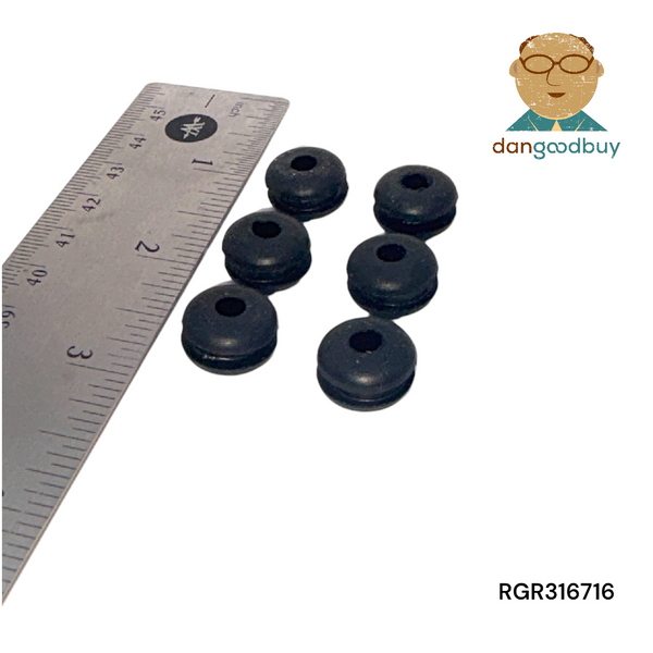 Black rubber bushings with a ruler for scale on a white background, featuring the 'dangoodbuy' brand. RGR316716