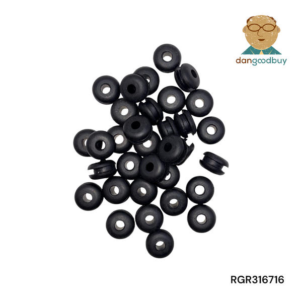 Collection of black rubber grommets on a white background with 'dangoodbuy' branding. RGR316716