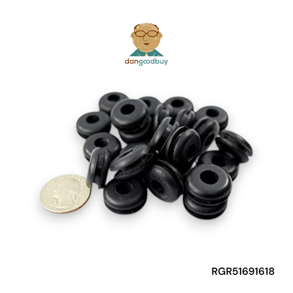 Black rubber grommets with a coin for size reference on a white background, featuring the dangoobuy logo. RGR51691618