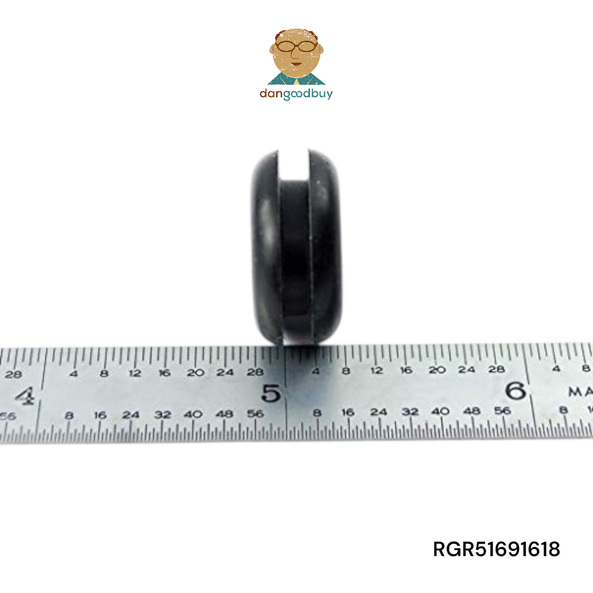 Black wheel or roller with a ruler for scale on a white background, featuring the Dangdabuy logo. dangoodbuy RGR51691618