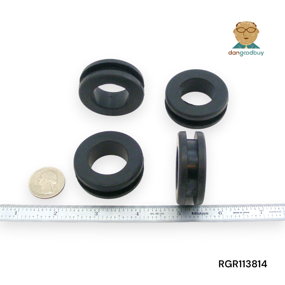 Four black rubber grommet with a ruler for scale on a white background, branded 'dangoodbuy'. RGR113814