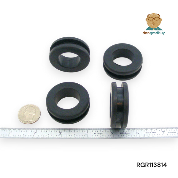 Four black rubber grommet with a ruler for scale on a white background, branded 'dangoodbuy'. RGR113814
