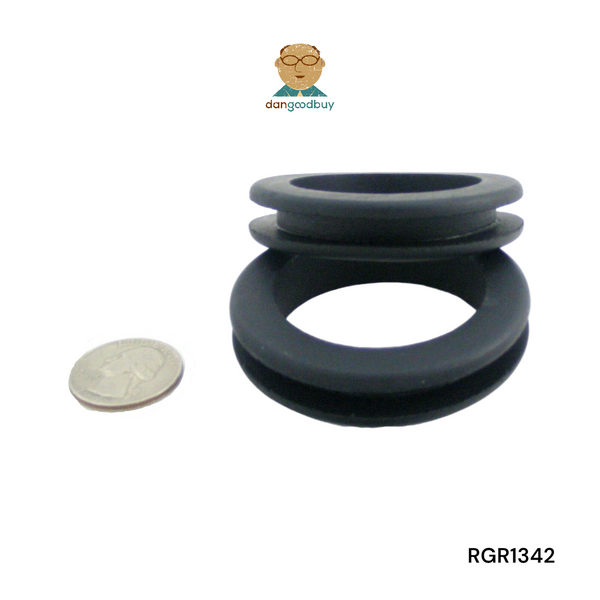 Black rubber grommets with a coin for scale on a white background, featuring the 'dangoodbuy' logo. RGR1342