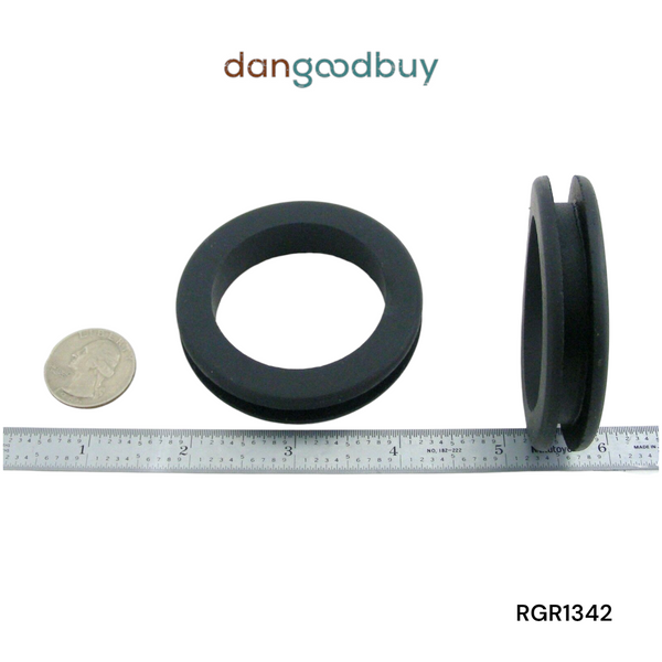 Two black rubber grommets with a ruler for scale on a white background, branded 'dangoodbuy'. RGR1342