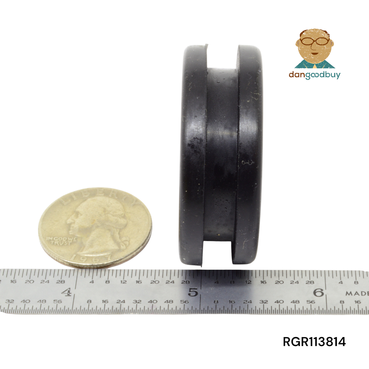 Black rubber grommet with a coin and ruler for scale on a white background, featuring the Danggoodbuy logo. RGR113814