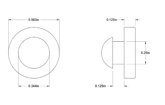 Fits 1/4" Hole - 9/16" Diameter - 3/8" Total Height - 1/8" Panel Thickness - Push-in Ridged Stem Rubber Grommet Bumper