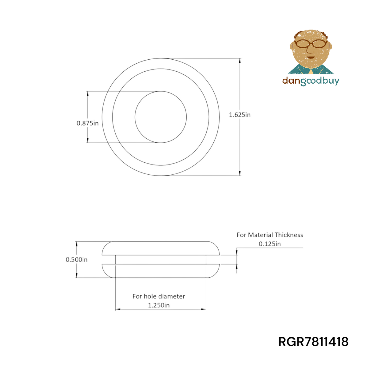 Fits 1 1/4" Hole - 1/8" Panel Thickness - 7/8" Center Hole - Rubber Grommet