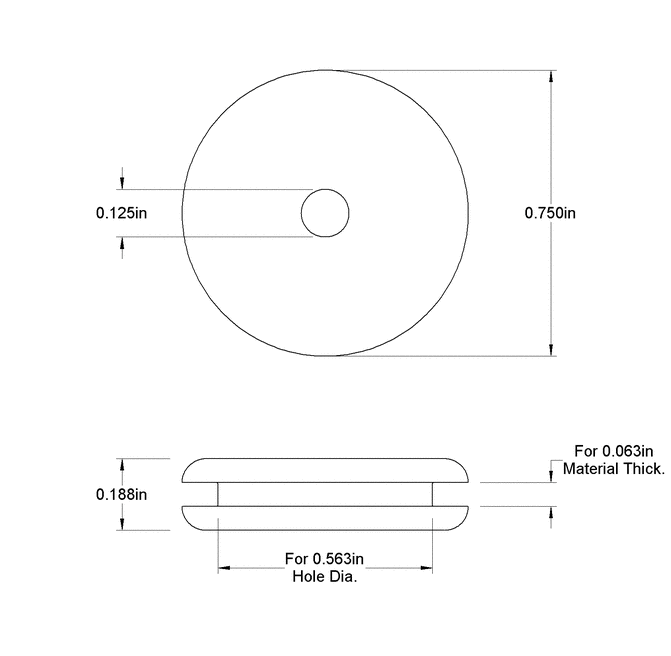 Fits 9/16" Hole - 1/16" Panel Thickness - 1/8" Center Hole - Rubber Grommet