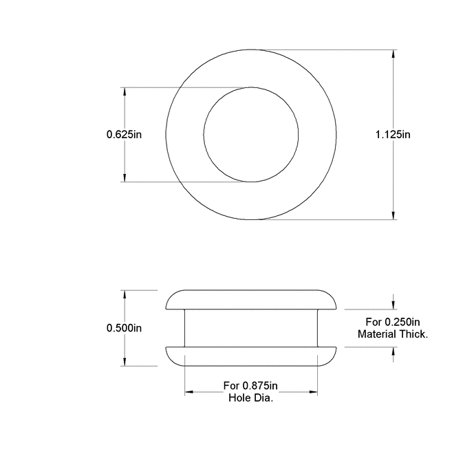 Fits 7/8" Hole - 1/4" Panel Thickness - 5/8" Center Hole - Rubber Grommet