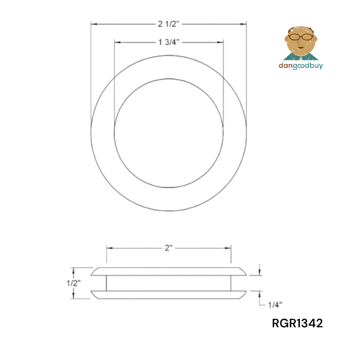 Technical drawing of rubber grommet RGR1342 with dimensions and 'dangoodbuy' branding.