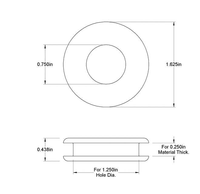 Fits 1 1/4" Hole - 1/4" Panel Thickness - 3/4" Center Hole - Rubber Grommet