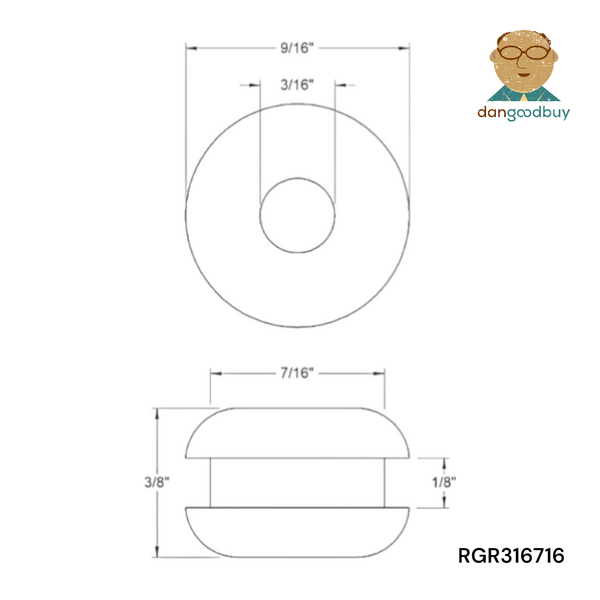 Technical drawing of a rubber grommet with dimensions and 'dangoodbuy' logo. RGR316716