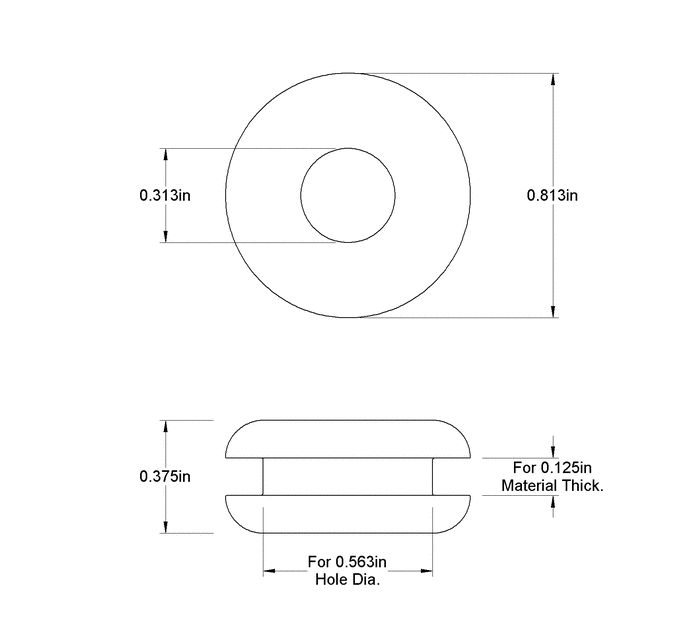 Fits 9/16" Hole - 1/8" Panel Thickness - 5/16" Center Hole - Rubber Grommet