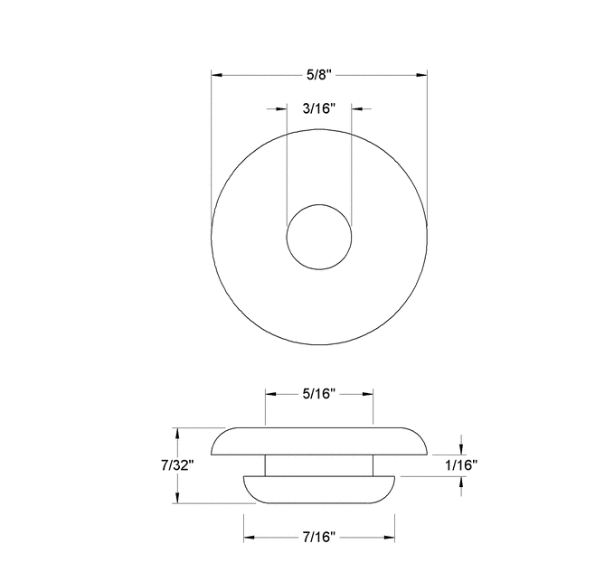 Fits 5/16" Hole - 1/16" Panel Thickness - 3/16" Center Hole - 5/8" Upper Outer Diameter - 7/16" Lower Outer Diameter - Overall Height 7/32" - Rubber Grommet