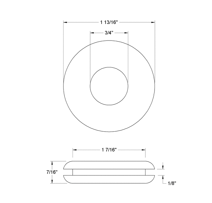 Fits 1 7/16" Hole - 1/8" Panel Thickness - 3/4" Center Hole - Rubber Grommet