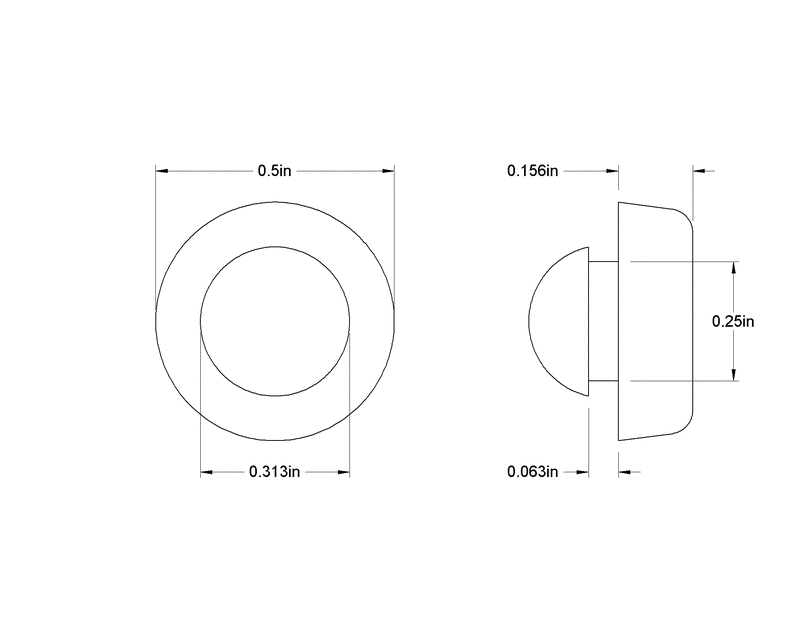Fits 1/4" Hole - 1/2" Diameter - 5/32" Height - 1/16" Panel Thickness - Tapered Round Push-in Rubber Grommet Bumper