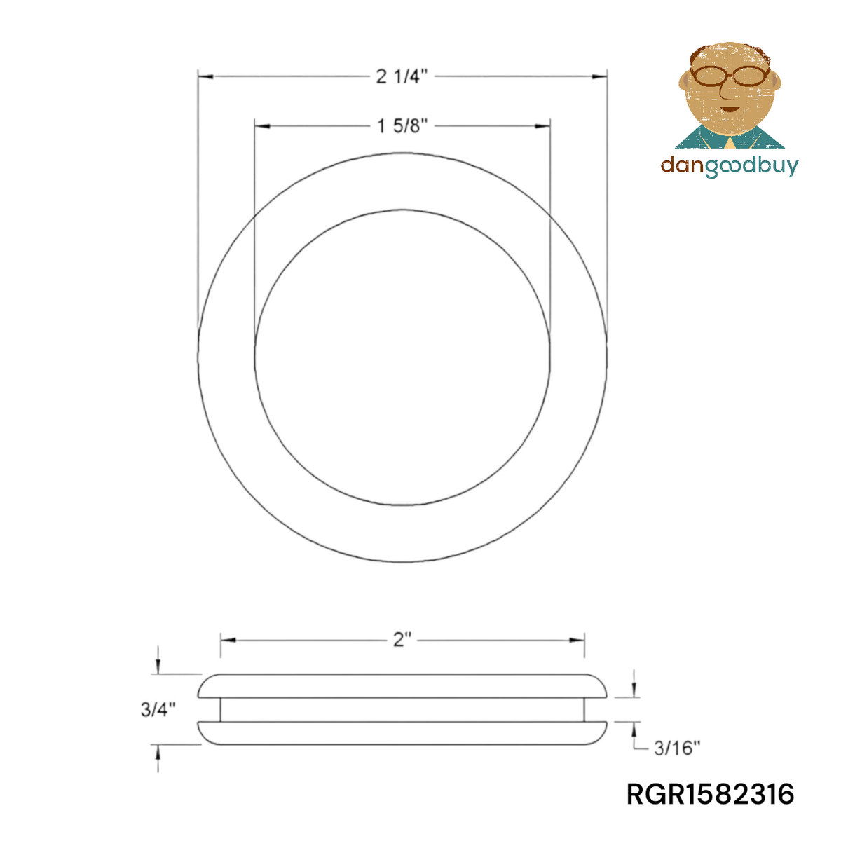Technical drawing of a rubber grommet that fits a 2" hole RGR1582316 dangoodbuy