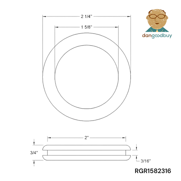 Technical drawing of a rubber grommet that fits a 2" hole RGR1582316 dangoodbuy