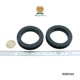 Two black rubber grommets with a ruler for scale on a white background, featuring the 'dangoodbuy' logo. RGR1342