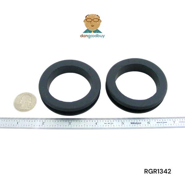 Two black rubber grommets with a ruler for scale on a white background, featuring the 'dangoodbuy' logo. RGR1342